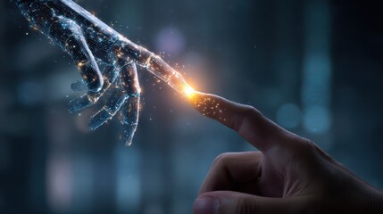 Interaction between human and robotic hand representing the future of technology and humanity in a digital environment