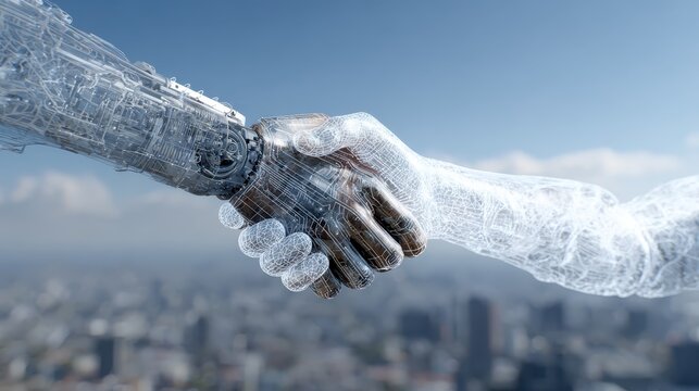 Human and robotic hands shaking over a cityscape symbolizing partnership between technology and humanity