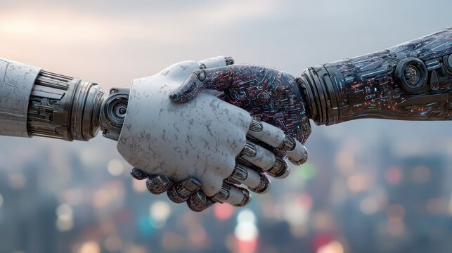 Two robotic hands shaking in a futuristic cityscape showing cooperation between technology and humanity in a modern world