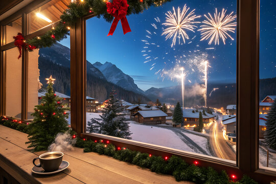 Cozy window view of a snowy village at night with festive fireworks celebrating the new year or christmas holiday