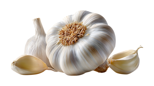 Detailed Garlic Arrangement Featuring Two Bulbs and Separate Cloves set Against Transparent Background providing Natural Organic Image with Culinary Appeal