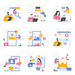 Social Connection & Daily Routine depicts people engaging on social media, sharing updates, and managing online communication throughout the day illustration Set 3