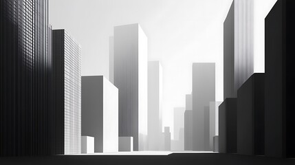 Abstract cityscape showcasing modern geometric buildings with striking black and white contrasts, perfect for design and urban themes.