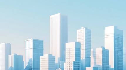 minimalist 3D render of a modern city skyline with clean blue and white architectural buildings. Ideal for urban development, tech, or futuristic design concepts.
