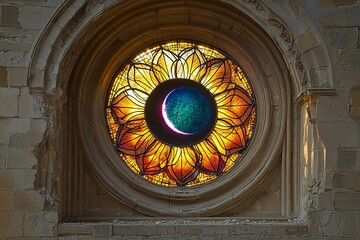 Stained glass window with a moon design set in a stone wall of an old building with architectural detail
