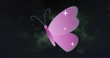 Obraz premium Floating purple-pink gradient butterfly gliding through outer space, with star-sparkle accents