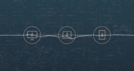 Network visualization running in interface, with white waveform and circular monitors, mobile icon