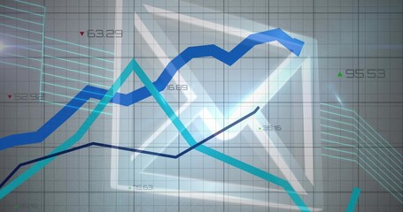 Oscillating financial chart on grid, showing colored trend lines, numeric arrowed labels, 3D shape