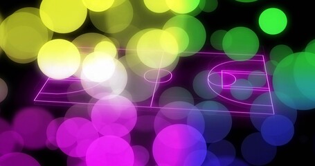Showing neon wireframe basketball court glowing in digital void, with bokeh circles drifting