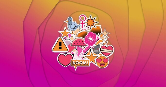 Clustering colorful cartoon stickers on swirl gradient background, featuring heart, starburst icons - Powered by Adobe