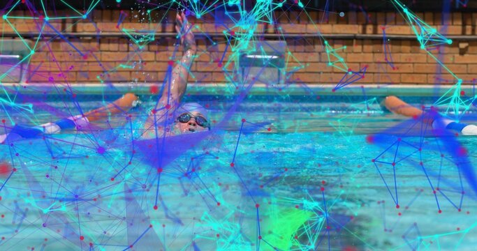 Surfacing swimmer raising arm in pool with divider, swim cap goggles, digital overlay nodes, lines