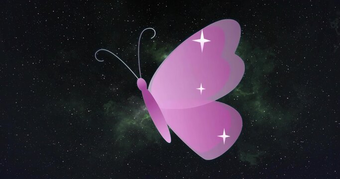 Naklejki Floating purple-pink gradient butterfly gliding through outer space, with star-sparkle accents
