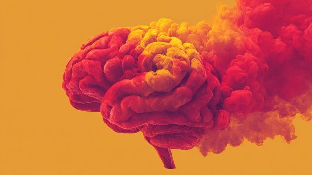 Bright, colorful brain illustration surrounded by vibrant clouds of smoke on a yellow background at sunset