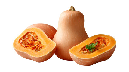 Fresh Butternut Squash Still Life: Whole and Halved Pieces with Seeds and Vibrant Orange Pulp on Transparent Backdrop for Healthy Cooking