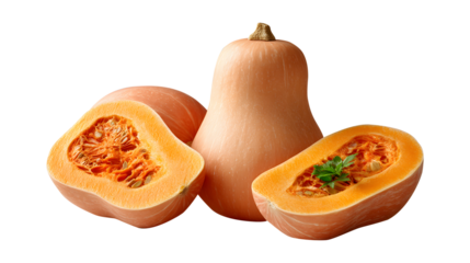 Fresh Butternut Squash Still Life: Whole and Halved Pieces with Seeds and Vibrant Orange Pulp on Transparent Backdrop for Healthy Cooking