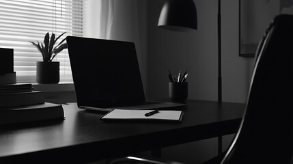 monochrome shot of a contemporary home office desk with a laptop, notebook, and books, bathed in natural light, evoking a sense of productivity and focus.