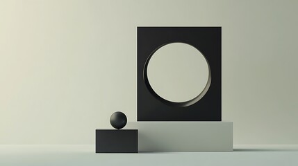 Abstract minimalist display with black geometric shapes and circular cut-out on a neutral background, perfect for product showcase.