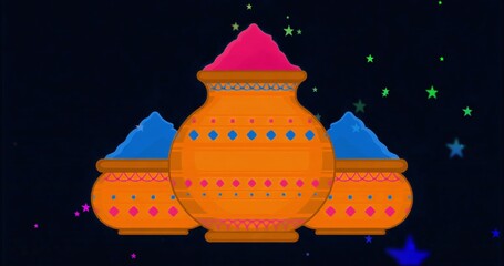 Fototapeta premium Displaying three orange clay pots holding magenta and blue powders on navy backdrop, neon stars