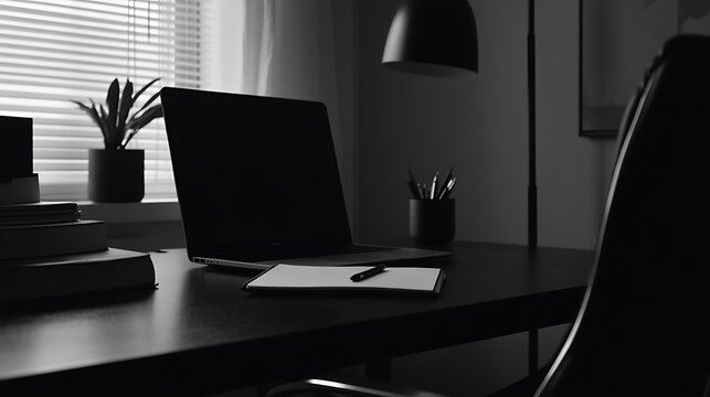 monochrome shot of a contemporary home office desk with a laptop, notebook, and books, bathed in natural light, evoking a sense of productivity and focus.