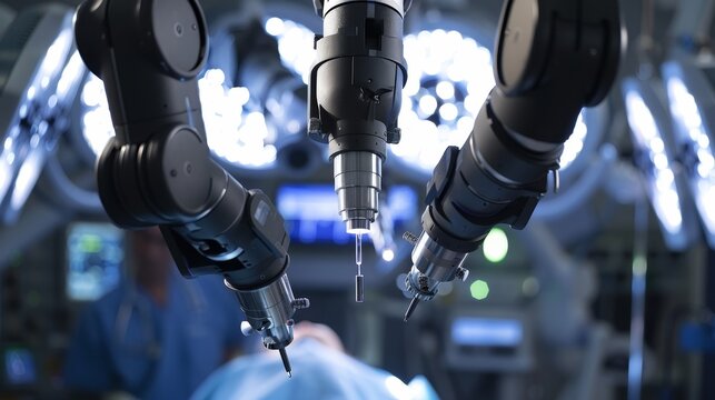 Surgeons observing robotic arms conducting precise nanosurgery in advanced hospital environment