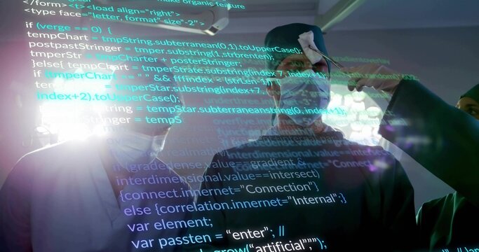Demonstrating man wearing VR headset interacting with projected code in high-tech lab, with cables