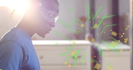 Technician wearing protective goggles examining floating holographic interface in lab, copy space