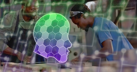 Apprentice wearing goggles marking wooden plank with mentor at workshop bench with AI head overlay