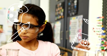 Hispanic girl performing experiment in science lab, with clear safety goggles, doodle overlays
