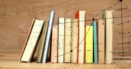 Displaying row of hardcover books standing on wooden surface in study, overlaid with math diagrams