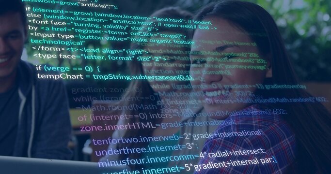 Typing programmers collaborating on code overlay at cafe table, with laptops and coffee cup