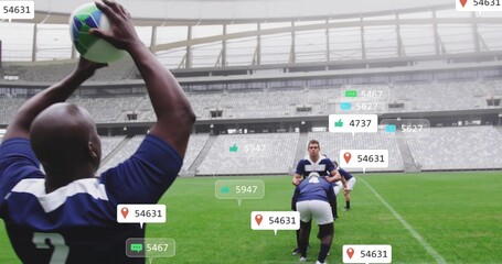 Holding rugby ball, player throwing lineout on stadium pitch with social icons, copy space