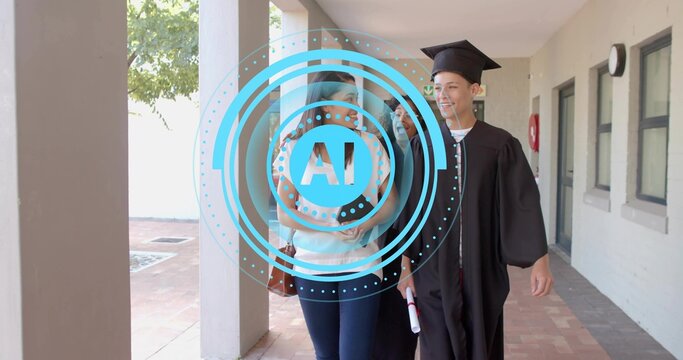 Walking boy wearing gown and mortarboard cap talking with sisters along walkway, holding diploma
