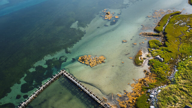 Aerial view of fishing weir and tidal shoreline in Shag Harbour