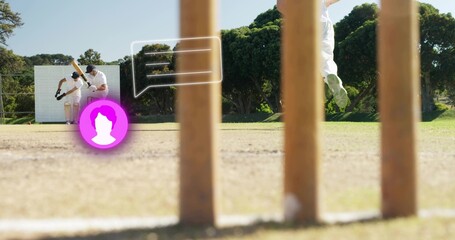 Swinging batsman facing wicketkeeper on cricket pitch, with stumps, speech overlay and avatar icon