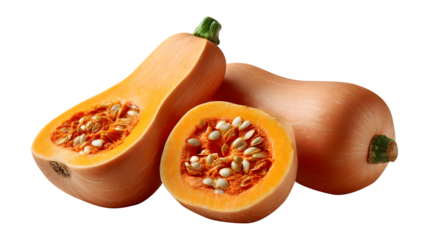 Golden Butternut Squash Group: Fresh Orange Gourds and Cut Sections Displaying Seeds Against Transparent Background for Autumn Harvest and Culinary Product Imagery