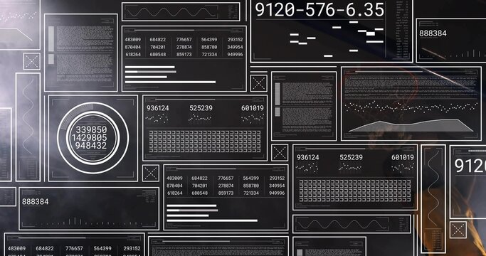 Displaying tiled dark UI panels glowing on control-room display, with circular numeric dial