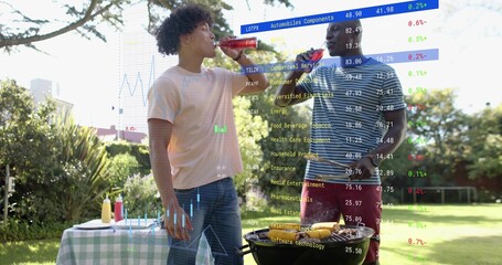Grilling two adult men on charcoal grill in backyard, pink tee navy polo, holding bottles, overlay