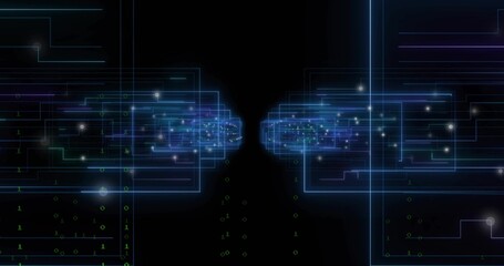 Fototapeta premium Forming mirrored glowing frames converging toward center in data tunnel, with falling binary digits