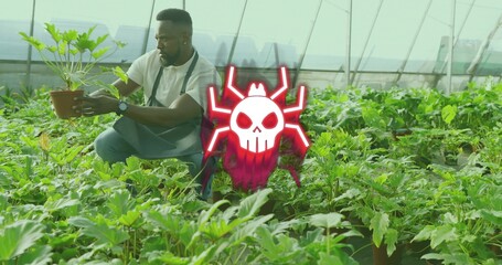 Kneeling gardener inspecting terracotta pot in nursery, in dark apron, neon skull-spider overlay