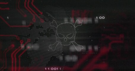 Displaying skull crossbones hovering over dotted map on cyber screen showing red circuit traces