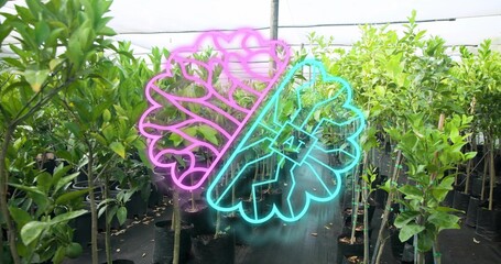 Floating neon brain graphic hovering over nursery aisle, with potted saplings in black grow bags