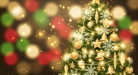 Obraz premium A beautifully decorated Christmas tree, close-up, adorned with sparkling gold ornaments, including bells, stars, and elongated teardrop shapes.