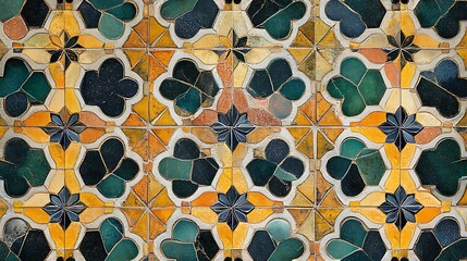 Close-up of vibrant mosaic tiles with intricate geometric and star patterns in yellow, green, and black. This vintage, distressed texture creates a colorful and unique background.