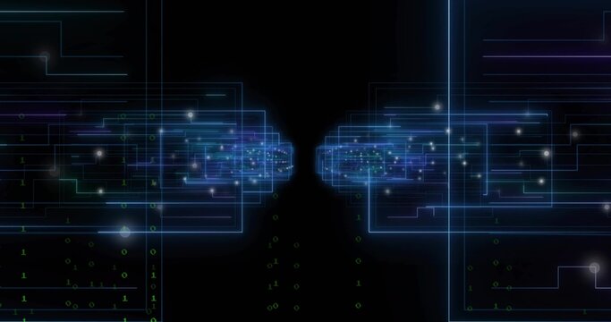 Forming mirrored glowing frames converging toward center in data tunnel, with falling binary digits
