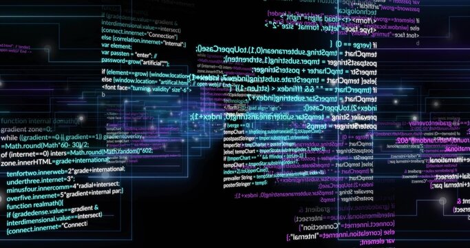 Floating clusters of translucent code panels streaming through digital void, with neon trails