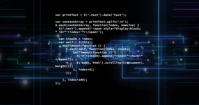 Displaying centered monospaced JS or jQuery code block in virtual interface, with neon lines - Powered by Adobe