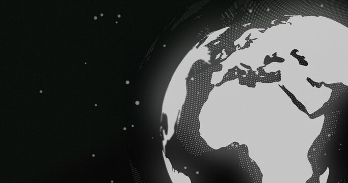 Depicting stylized globe occupying right side of frame, showing halftone shading, stars, grain