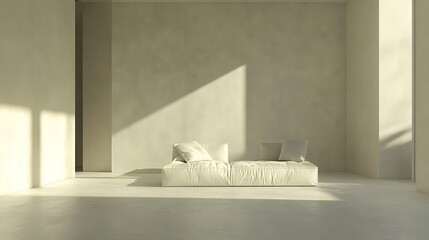 minimalist contemporary room with a white modular sofa, illuminated by natural sunlight creating strong shadows on the light-colored walls and floor.