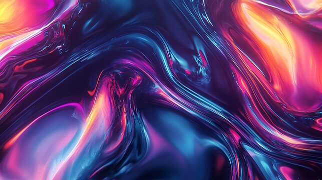 Dynamic abstract fluid background featuring swirling waves, glowing neon colors, and iridescent reflections for modern designs.