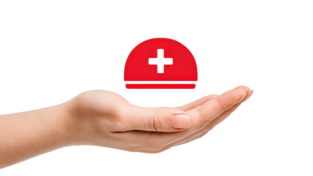 Hand Holding Medical Symbol Red Hat on a White Background